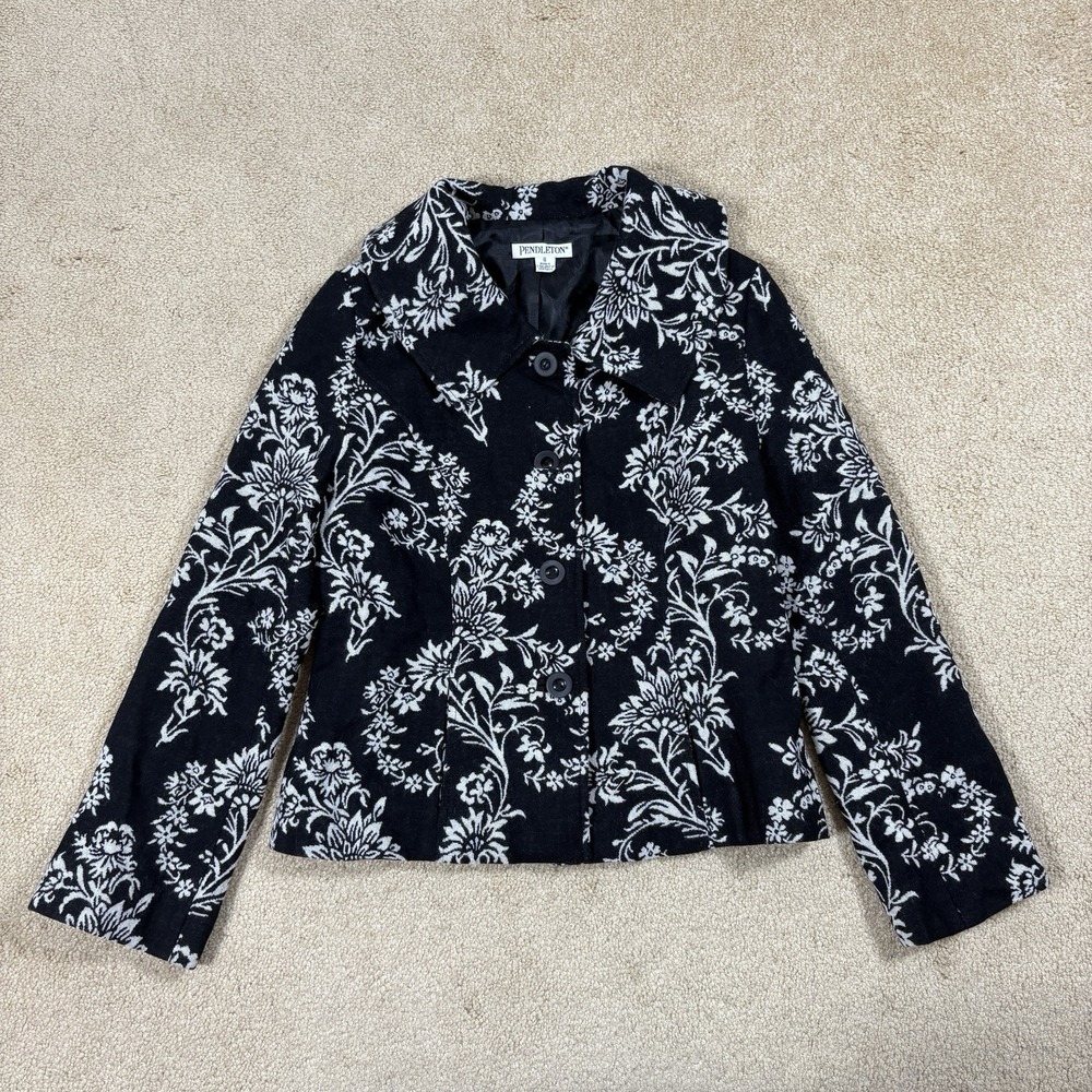 Pendleton Virgin Wool Blazer Women's Size 8 Floral Black White 4 Button